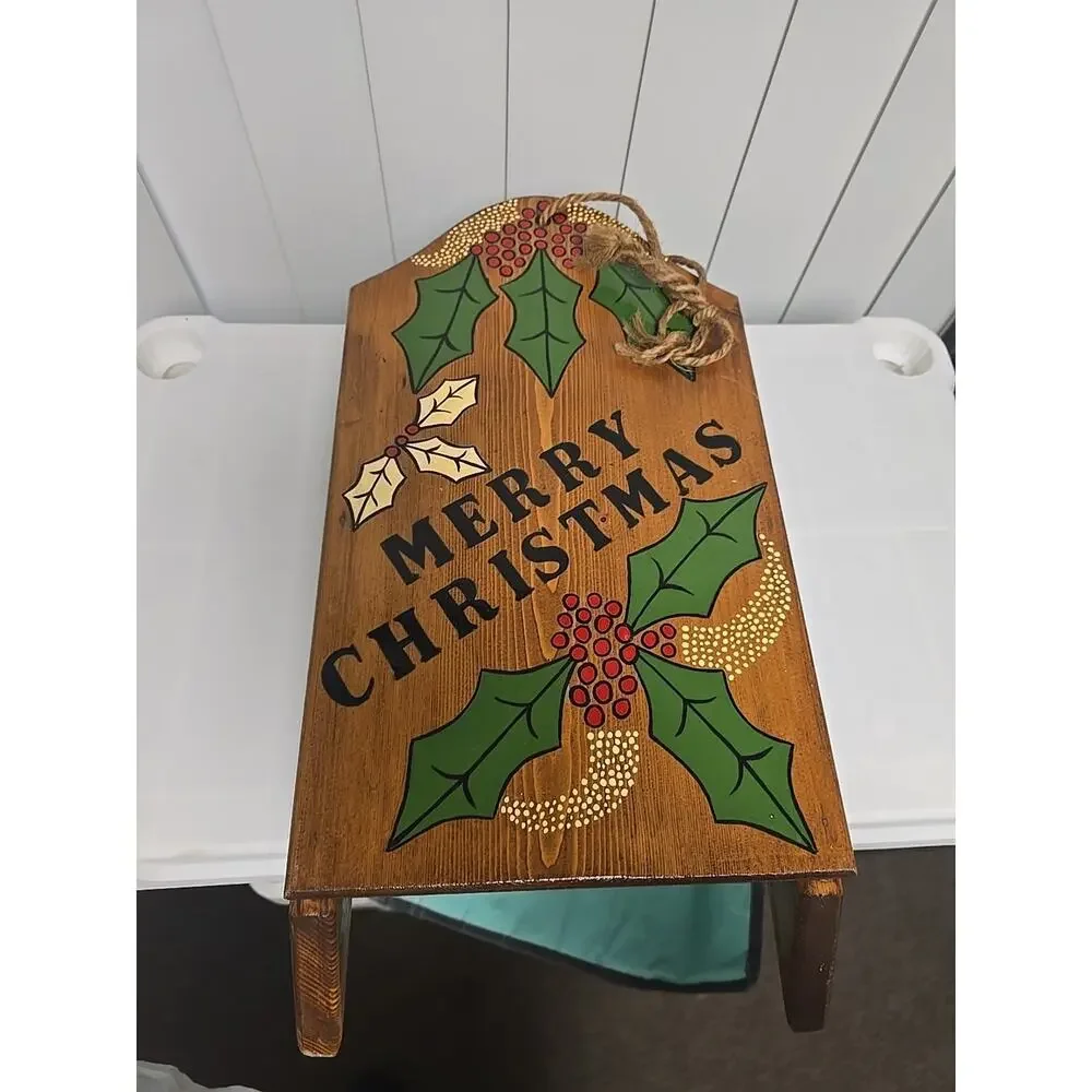 Vtg Wooden Sleigh‎ Merry Christmas Decor Cottagecore Farmhouse Hand Painted